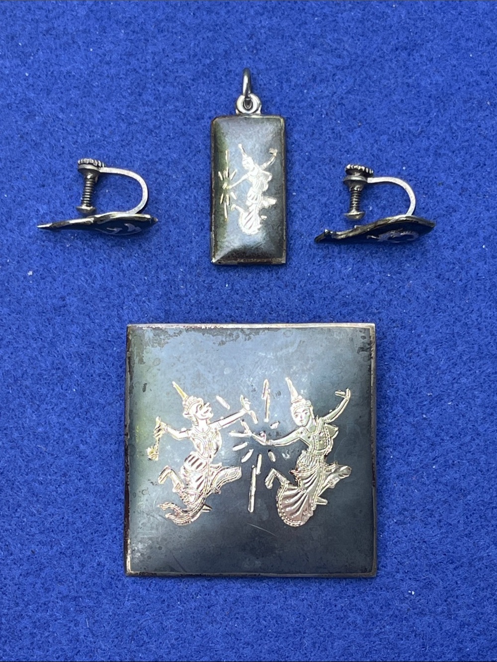 Vintage Black and Silver Thai Dance Motif Jewelry Set